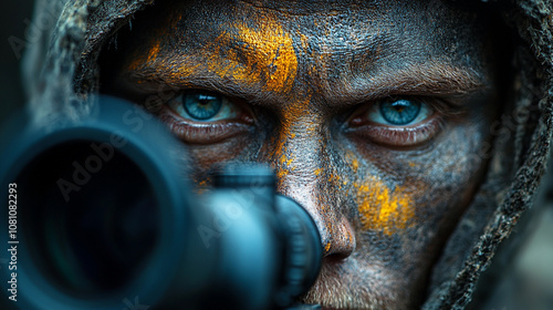 Ukrainian sniper with camo-painted face aiming through a scope