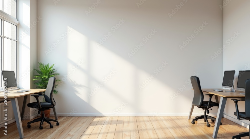Fototapeta premium Spacious office with a blank wall, wooden floor, and computers on desks. Modern interior design concept. 3D Rendering