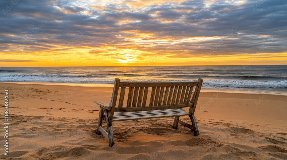 A Tranquil Beach Scene at Sunset with a Wooden Bench Framed by Sandy Shores and Gentle Ocean Waves Under a Colorful Sky A Tranquil Beach Scene at Sunset with a Wooden Bench Framed by Sandy Shores and Gentle Ocean Waves Under a Colorful Sky