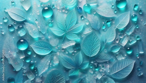 Turquoise glittery background with translucent, jelly textured leaves floral mint background