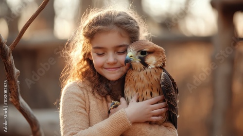 Young girl joyfully embraces a falcon, showcasing a unique bond between human and bird, framed by a natural backdrop filled with soft light, warmth, and care. photo