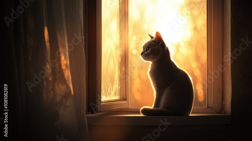 Soft Golden Light Illuminates a Cat Sitting on a Windowsill, Creating a Tranquil Scene of Solitude and Serenity in a Cozy Indoor Environment