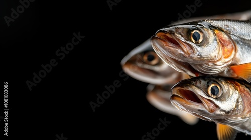 Three fish align closely, all with open mouths, creating an intriguing composition as if frozen in time while exhibiting unity and simultaneity within nature.