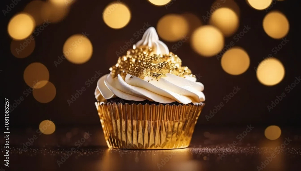 Christmas golden cupcake with bokeh in the background, ai Christmas golden cupcake with bokeh in the background, ai
