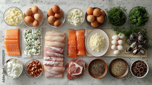  Spread of high-protein foods such as lean meats, fish, eggs, and dairy products arranged on a clean, white kitchen counter