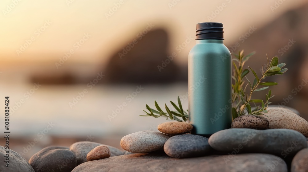 A sleek metallic reusable water bottle rests amidst smooth coastal pebbles with a beautiful blurred seaside background, symbolizing sustainability and modern outdoor lifestyle. A sleek metallic reusable water bottle rests amidst smooth coastal pebbles with a beautiful blurred seaside background, symbolizing sustainability and modern outdoor lifestyle.