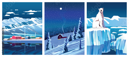 Vector Set of 3 winter season landscapes.  Arctic Polar Ocean Northern European Winter Poster.  Trendy handmade drawing vector illustration.