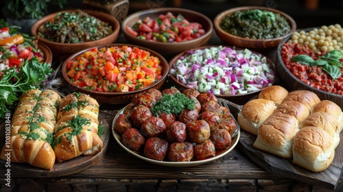 A spread of Georgian appetizers including Lobio and Badrijani Nigvzit. photo