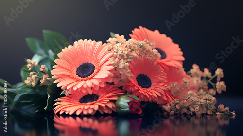 Bright floral bouquet sitting glass table surface picture
