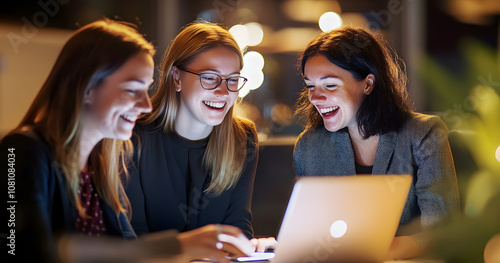 Laptop, tablet and collaboration with business people at night in the office together for teamwork. Technology, smile and a happy employee team of women working on a project or report in the evening