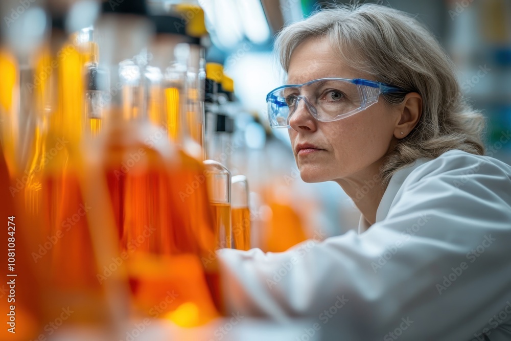 Female scientist examines colorful liquid samples in a laboratory during daytime work hours Female scientist examines colorful liquid samples in a laboratory during daytime work hours