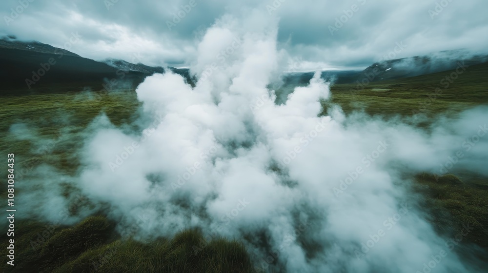 A dramatic eruption of a geyser unleashing billowing clouds of steam into the sky, merging with the tranquil landscape and creating a mystical natural spectacle. A dramatic eruption of a geyser unleashing billowing clouds of steam into the sky, merging with the tranquil landscape and creating a mystical natural spectacle.