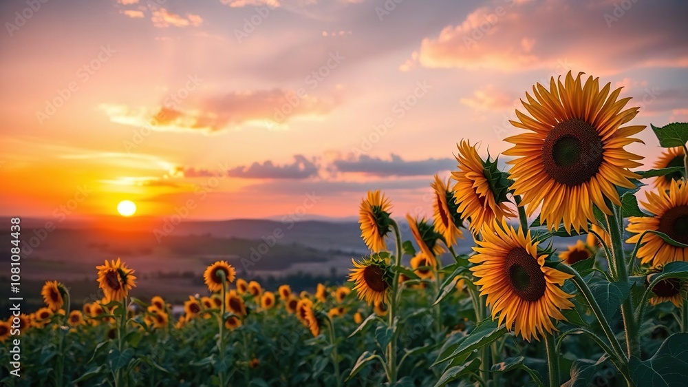 Fototapeta premium vibrant and colorful sunset over a field of tall sunflowers with a backdrop of rolling hills, sunny day, colorful, vibrant blooms