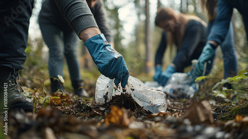 Group of volunteers wearing gloves collecting garbage in forest into plastic bags, cleaning the environment