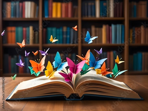 Knowledge and fantasy concept featuring an open book with colorful origami butterflies taking flight. A library setting enriches the scene, inspiring discovery and learning.	 photo