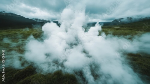 A dramatic eruption of a geyser unleashing billowing clouds of steam into the sky, merging with the tranquil landscape and creating a mystical natural spectacle. photo