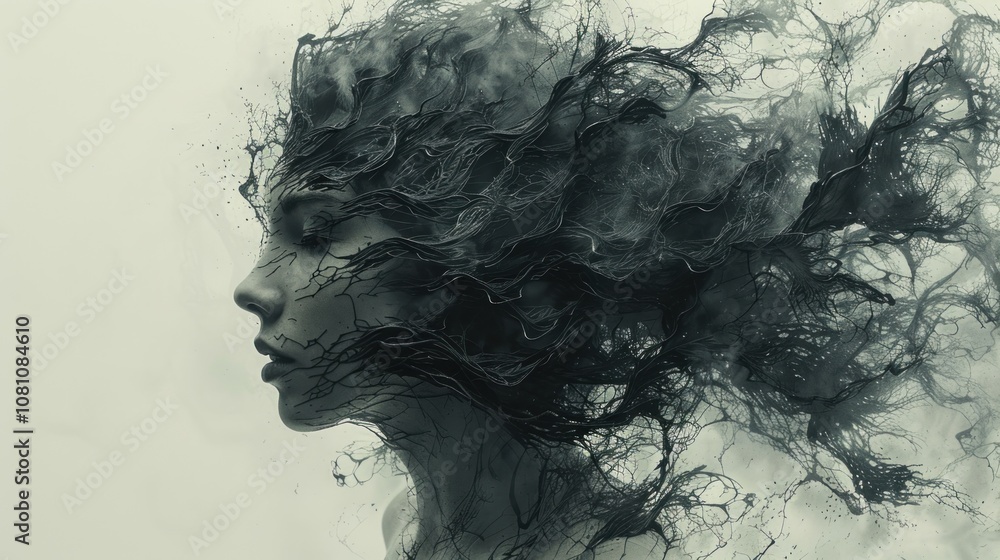 Fototapeta premium A silhouette of a person with chaotic, tangled lines emanating from their head, representing confusion and negative thoughts
