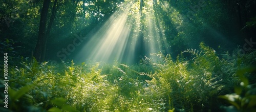 Sunbeams illuminating a dense forest floor, creating a mystical atmosphere.