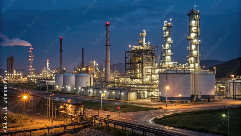 Industrial complex illuminated at night with glowing structures Industrial complex illuminated at night with glowing structures