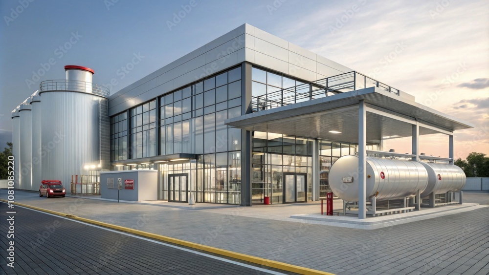 Modern industrial facility with sleek design and storage tanks Modern industrial facility with sleek design and storage tanks
