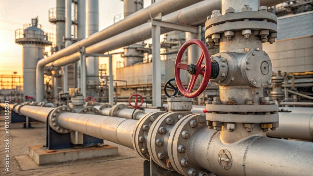 Industrial oil and gas pipeline system at sunset Industrial oil and gas pipeline system at sunset