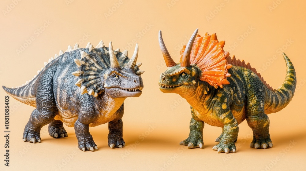 Obraz premium Two Colorful Toy Dinosaurs on a Soft Orange Background Featuring Detailed Textures and Realistic Features, Ideal for Educational Purposes and Creative Playtime