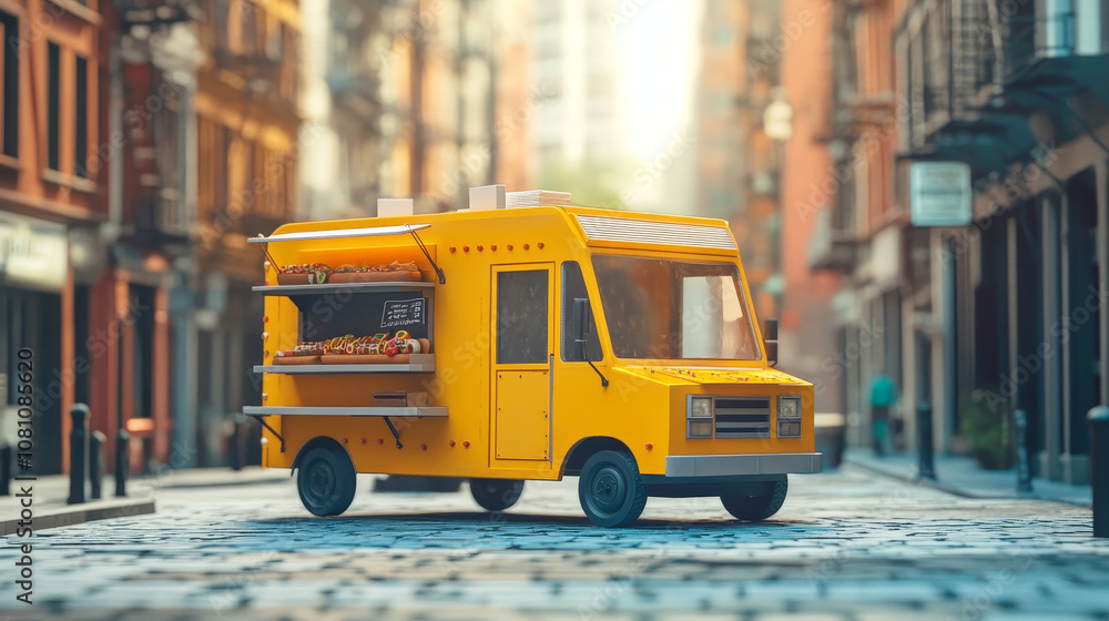 Fototapeta premium A vibrant yellow food truck parked on a city street, serving delicious hot dogs. The truck is a symbol of delicious food, entrepreneurial spirit, and street food culture.