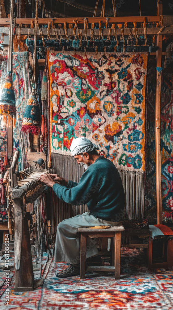 Obraz premium Artisan weaving colorful tapestry in traditional workshop setting