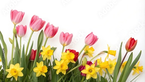 Tulips and daffodils on a white background, bright hues, delicate petals, tulip flowers, spring blossoms, garden scenery