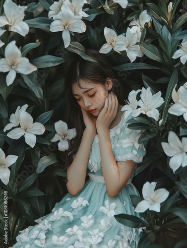 A young woman in a light blue dress, surrounded by white flowers, rests her head in her hands, contemplating the beauty of the moment. The image captures a sense of peace, tranquility, and introspecti photo