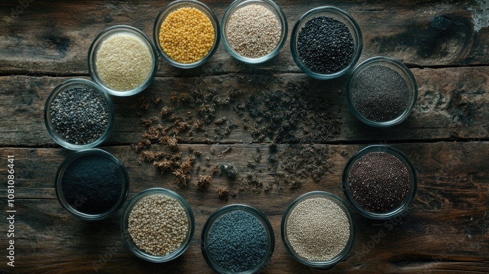 A Vibrant Display of Various Spices and Seeds Arranged in Glass Bowls on a Rustic Wood Table A Vibrant Display of Various Spices and Seeds Arranged in Glass Bowls on a Rustic Wood Table