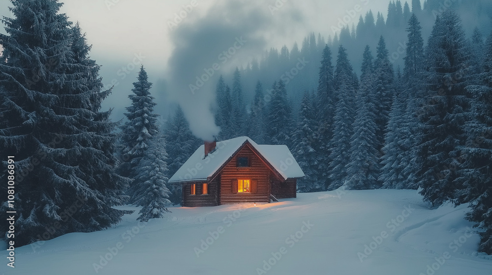 Cozy Cabin in Snowy Landscape with Smoky Chimney Cozy Cabin in Snowy Landscape with Smoky Chimney