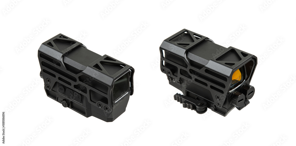Modern optical collimator sight. Aiming device for shooting at short distances. Isolate on a white back. Modern optical collimator sight. Aiming device for shooting at short distances. Isolate on a white back.