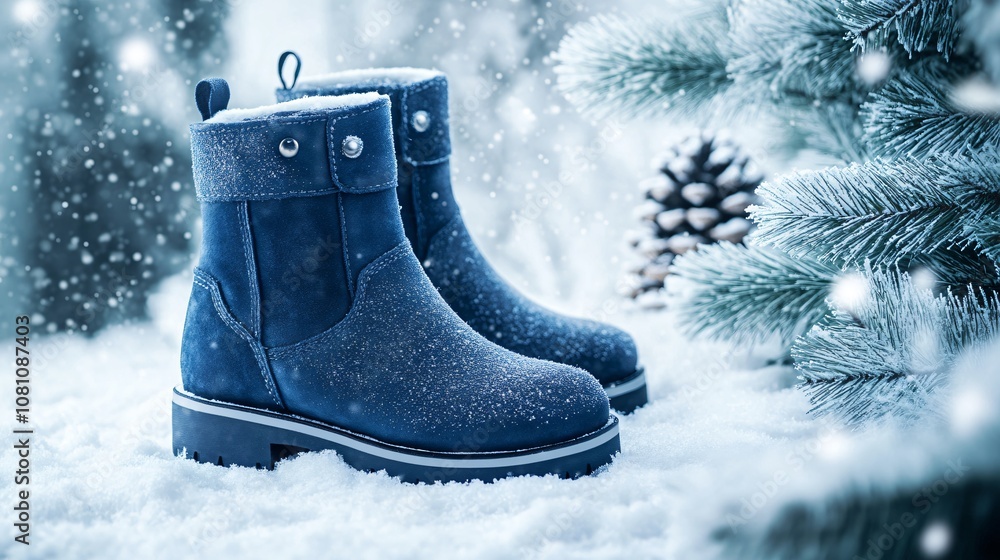 Chunky winter ankle boots in deep navy blue, isolated on a pale background with gentle snowfall decoration Chunky winter ankle boots in deep navy blue, isolated on a pale background with gentle snowfall decoration