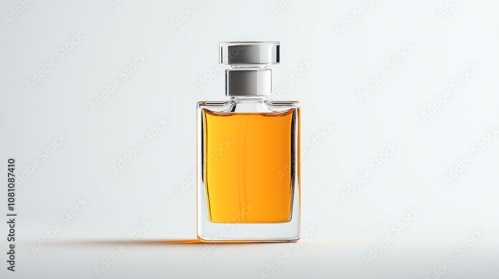 Clear glass bottle with amber liquid and silver cap on a light background, representing elegant packaging of a luxury product such as perfume or cologne in a minimalist style Clear glass bottle with amber liquid and silver cap on a light background, representing elegant packaging of a luxury product such as perfume or cologne in a minimalist style