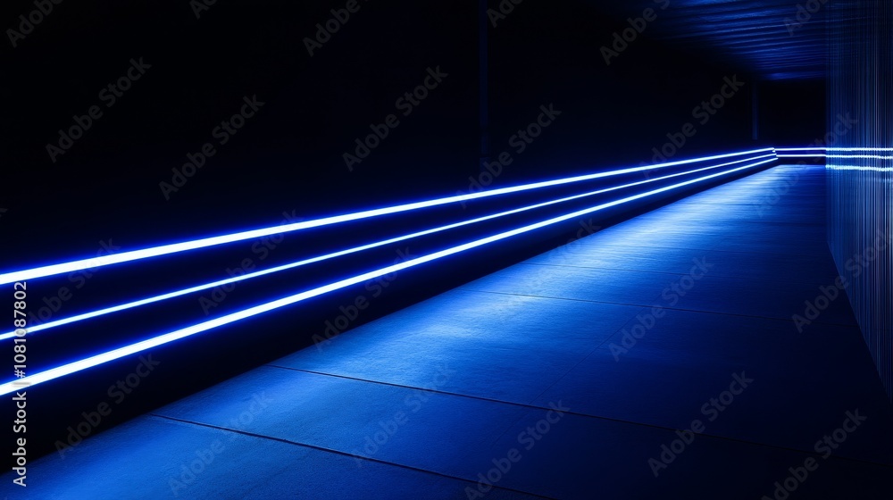 Blue Neon Lights Guiding The Way - A long, dark corridor illuminated by a single, bright blue line of neon light. The light creates a sense of mystery and intrigue, drawing the viewer towards the unk Blue Neon Lights Guiding The Way - A long, dark corridor illuminated by a single, bright blue line of neon light. The light creates a sense of mystery and intrigue, drawing the viewer towards the unk