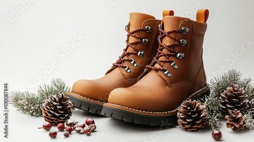 Classic leather boots with thick soles, isolated with subtle winter decor elements like pinecones and holly leaves photo