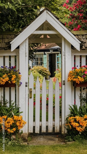 Wooden gate colorful charming cottage flowerbeds white gate cozy quaint vibrant garden
