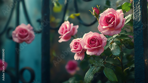 Delicate pink roses thriving at garden gate picture