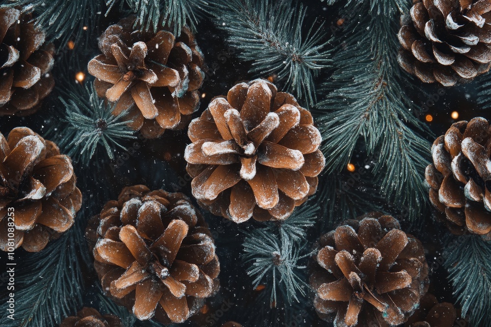 Close-up of pine cones and fir branches covered in snow, perfect for Christmas backgrounds and holiday decor. Creates a cozy and festive atmosphere. Close-up of pine cones and fir branches covered in snow, perfect for Christmas backgrounds and holiday decor. Creates a cozy and festive atmosphere.