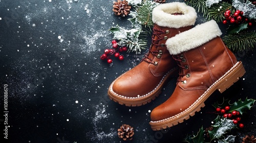 Leather boots with shearling lining on a dark background, with sprigs of holly and a dusting of snow photo