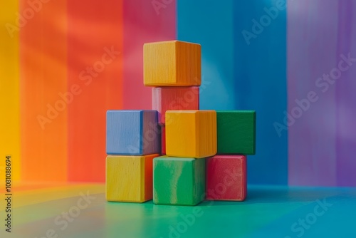 Colorful wooden blocks stacked on a table against a rainbow background, symbolizing creativity, play, growth, learning, and imagination.