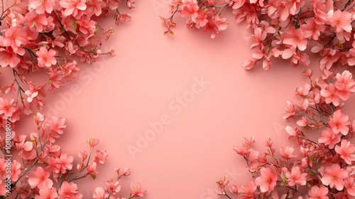 Spring Horizontal banner with sakura flowers. Beautiful nature season background with a branch of blooming cherry. Copy space for text, selective focus