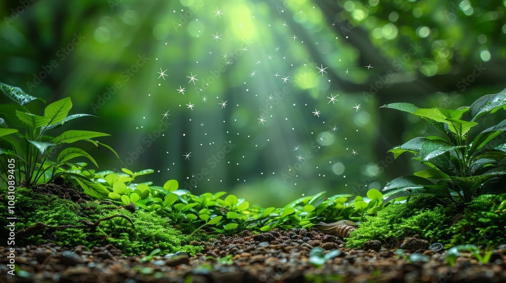 close-up of forest floor greenery with sunlight filtering through, creating a magical atmosphere with sparkles floating in the air, summer photobackground with empty space for text in the center. close-up of forest floor greenery with sunlight filtering through, creating a magical atmosphere with sparkles floating in the air, summer photobackground with empty space for text in the center.