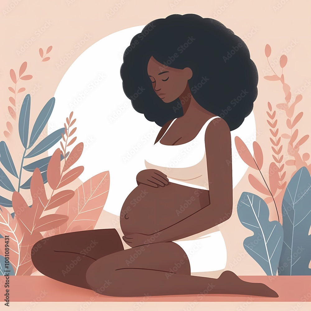 Pregnant black woman sitting, flat style illustration Pregnant black woman sitting, flat style illustration