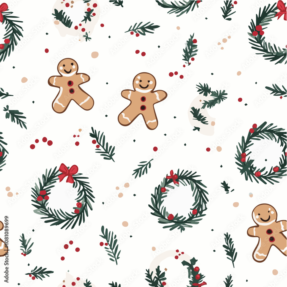 Naklejka premium Seamless vector of Christmas wreaths and gingerbread