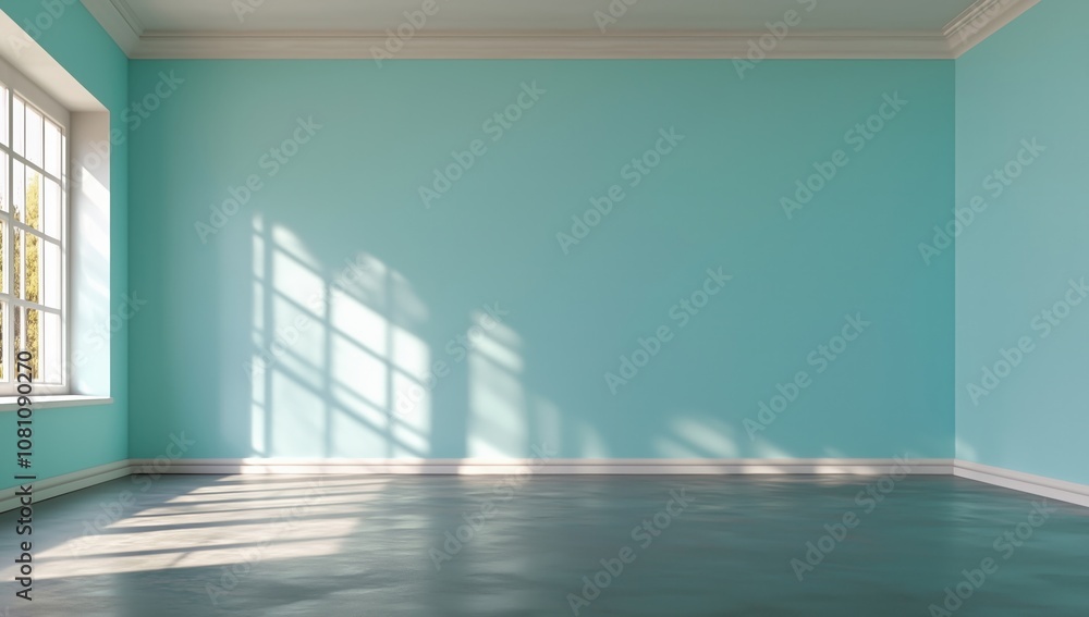 Empty room with turquoise walls and concrete floor illuminated by natural light through a large window, casting soft shadows, creating a modern and peaceful atmosphere. Empty room with turquoise walls and concrete floor illuminated by natural light through a large window, casting soft shadows, creating a modern and peaceful atmosphere.