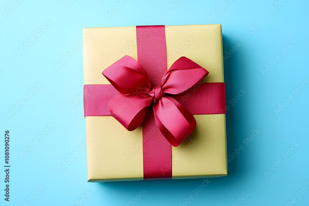 Gift box with bow on light blue background, top view Gift box with bow on light blue background, top view