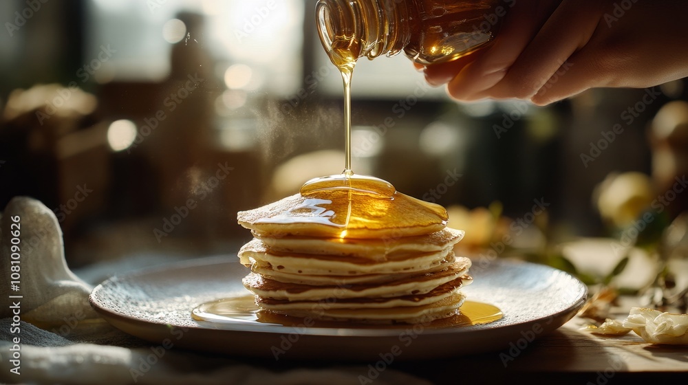 Obraz premium Golden syrup being poured over a stack of fluffy pancakes, representing a delicious breakfast, sweet treat, golden hour, morning light, and culinary indulgence.