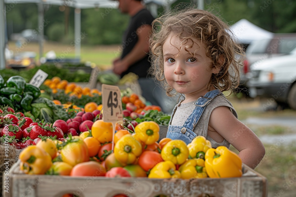 Fototapeta premium A cheerful young girl with curly hair stands beside a colorful display of fresh vegetables and fruits at a farmer market. The warm sunlight enhances the vibrant colors of the produce around her